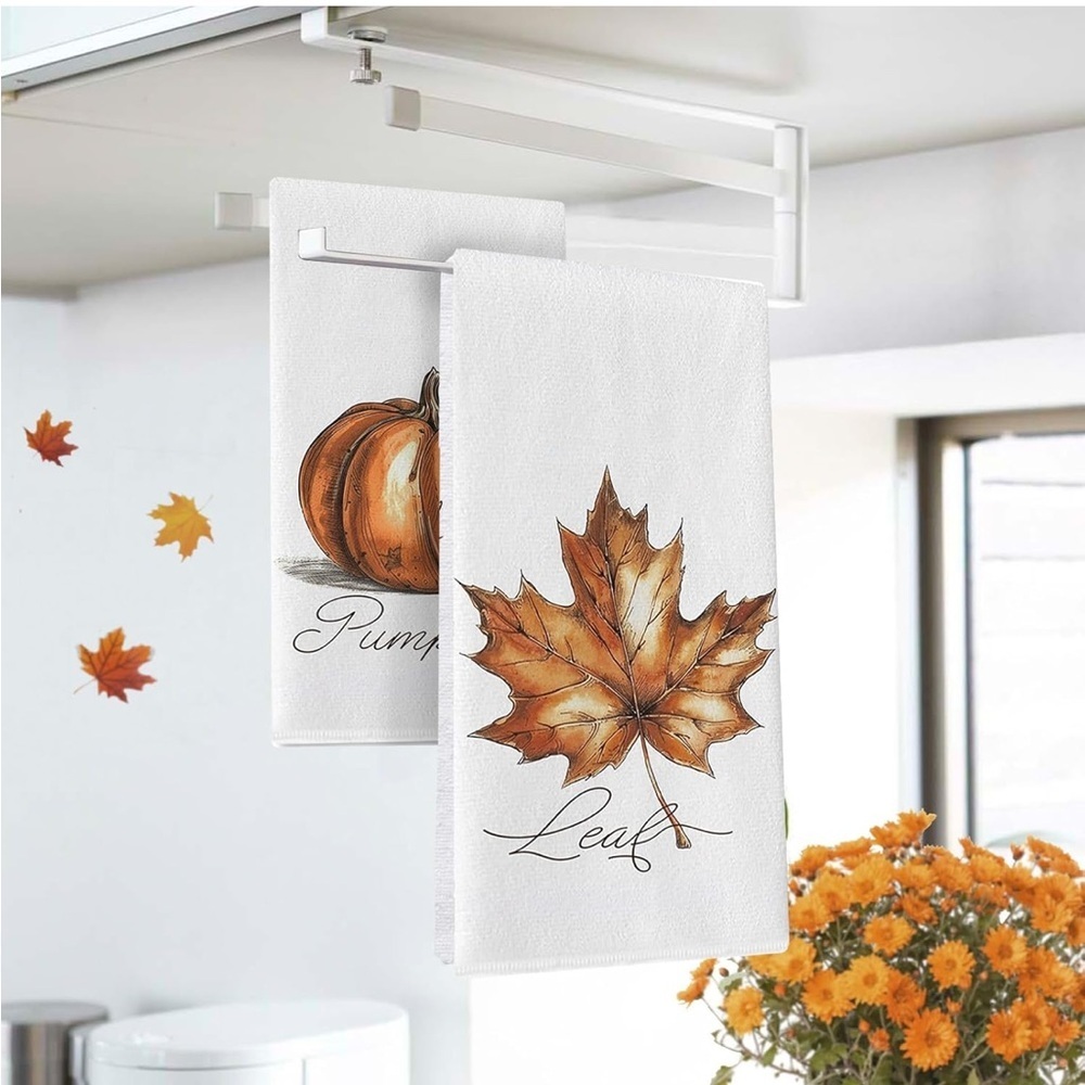 Pumpkin Maple Leaf Kitchen Dish Towels Set of 2 - Picture 2 of 3